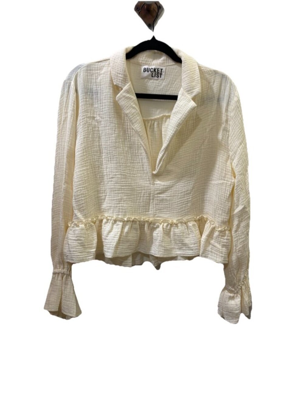 Bucket List Peplum Ruffled Crop Top Oversized Lantern Sleeves Boho Gauze Size L